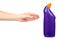 Hand with purple toilet gel, domestic hygiene, plastic bottle