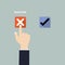 Hand pushing button with checkmark.Rejection and Approval decision concept.Hand, finger pressing buttons Rejection or Approval si