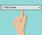 Hand pushing virtual search bar on turquoise background