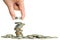 Hand put coins stacked on each other in different positions on white background,Savings money and income or Investment Ideas and