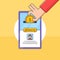 Hand put money coin in a smartphone app charity box illustration for online fundraising donation human care concept design
