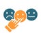 Hand puts happy, neutral, sad rating colored icon. Customer satisfaction, positive or negative feedback, vote symbol