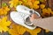 Hand puts modern white sneakers and on wooden background with autumn leaves, autumn mood concept, autumn sales, flay lay