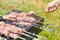 Hand puts skewer with pieces of meat for a shish kebab barbeque on outdoors grill with green blurry background