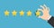 Hand putting five gold stars on blue background. Five stars quality rating icon. Feedbak stars. Hand giving five star rating. Cust