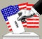 Hand putting voting paper in the ballot box on USA flag background