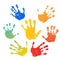 Hand rainbow print isolated on white background. Color child handprint. Creative paint hands prints. Happy childhood