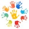 Hand rainbow print sun, isolated on white background. Color child handprint. Creative paint hands prints. Happy