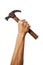 A hand raised up holds a hammer Isolated on a white background