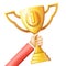 Hand raises golden prize award cup success achievement symbol realistic design 3d vector illustration