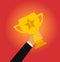 Hand raising trophy. Trophy icon. Vector illustration