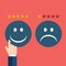 Hand rating on customer service. Two smileys, happy and sad one. Flat vector illustration