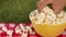 Hand reaching into a bowl of popcorn on a picnic blanket on a patch of grass.