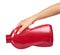 Hand with red detergent bottle, liquid washing soap for textile
