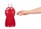 Hand with red detergent bottle, liquid washing soap for textile