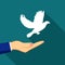 Hand releasing white pigeon bird freedom wings flying. vector illustration