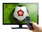 Hand remote controller pointing at football match video display