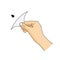 A hand removing a label from the product. Open here colored icon. Vector sticker