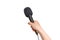 Hand of reporter with black microphone isolated on white