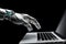 a hand of a robot typing on a laptop, chatbot robotic futuristic artificial intelligence concept. AI generative