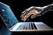 a hand of a robot typing on a laptop, chatbot robotic futuristic artificial intelligence concept. AI generative