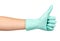 Hand with rubber glove, protection uniform, medicine safety and care concept