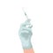 A hand in a rubber medical glove holds the syringe up. Vaccination, injection, medicine, antidote. Vector flat illustration on a