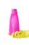 Hand in rubber yellow glove holds pink bottle of liquid bleach on white background. cleaning