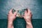 HandÂ´s of young man holding a money. Banknotes on a stone background. Euro money bank notes of different value.