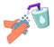 Hand sanitized. Vector illustration of using alcohol gel to clean hands to prevent germs and viruses
