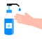 Hand sanitizer bottle. Liquid soap are shown. Disinfection icon sign vector. Body hygiene illustration. Antiseptic gel are shown.