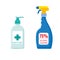 Hand sanitizer pump bottle and alcohol cleaner spray. Antibacterial disinfectant vector illustration.