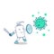 Hand sanitizer soap bottle fight covid corona virus bacteria vector concept illustration with sword and shield, fight against