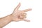 Hand in shaka or calling gesture on a white isolated background