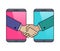 Hand shaking smartphones outline icon.