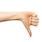 Hand show dislike or negative isolated on white. Female thumb show sign disapproval or unlike closeup. Women palm finger