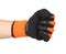 Hand shows fist in a black and orange rubber glove