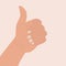 Hand shows thumb up. Symbol of praise, approval, feedback, good work. Icon of hand with bent fingers and raised thumb. Flat vector