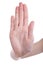 Hand signaling stop against a white background