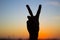 Hand silhouette showing victory sign on sunset background