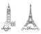 Hand sketch World famous landmark collection : Big Ben London, England and sketch of Paris, Eiffel Tower