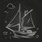 Hand sketched boat on blackboard. White vector sailboat in ocean doodle