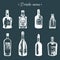 Hand sketched bottles of alcoholic beverages rum, tequila, gin, beer, vodka etc. Vector illustrations set of drinks.