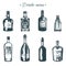 Hand sketched bottles of alcoholic beverages rum, tequila, gin, beer, vodka etc. Vector illustrations set of drinks.