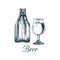 Hand sketched craft beer bottle and glass. Vector lager illustration. Graphic design concept for cafe, restaurant menu.