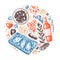 Hand sketched french food and drinks illustration. French cuisine trendy composition. Perfect for recipe, menu, label, icon,