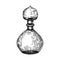 Hand sketched glass bottle illustration in vintage style. Glassware drawing for alchemy, medicine, cosmetics, or perfume. Alchemy