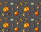 Hand sketched seamless background with pumpkins, autumn fruites and mushrooms