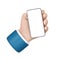 Hand with smart phone icon. Cartoon character holds mobile gadget with blank touch screen
