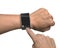 Hand with smart watch and finger touch screen